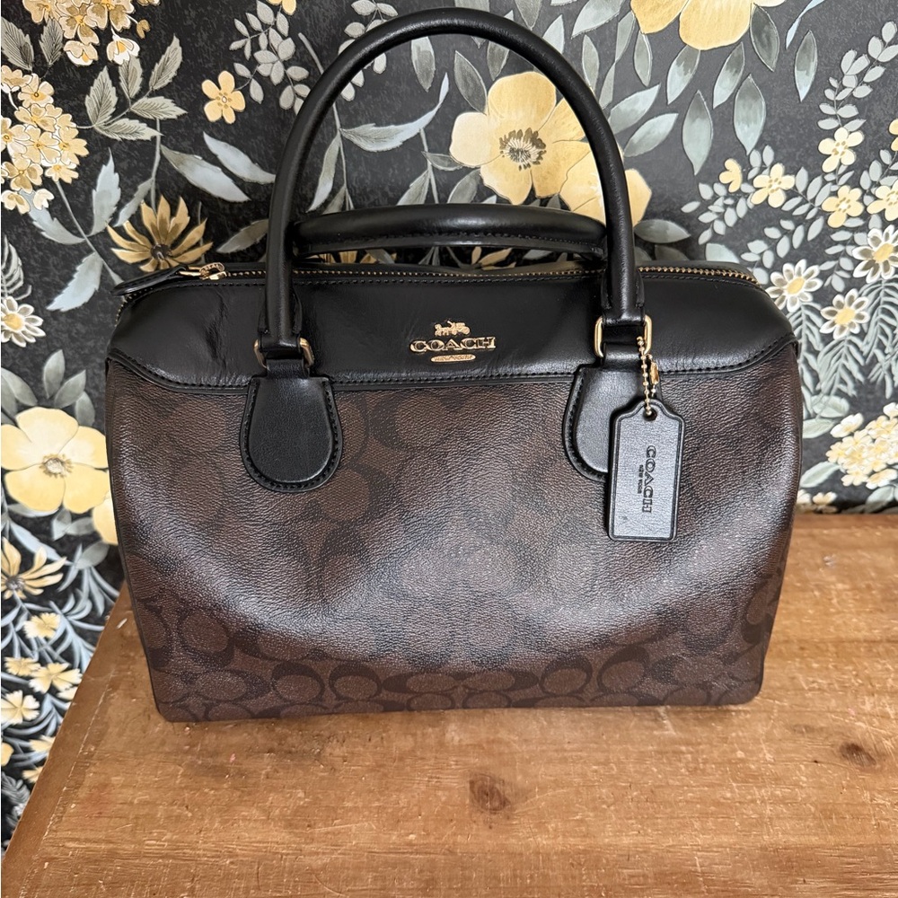 Coach Bennett Brown Monogram Satchel with Black Trim